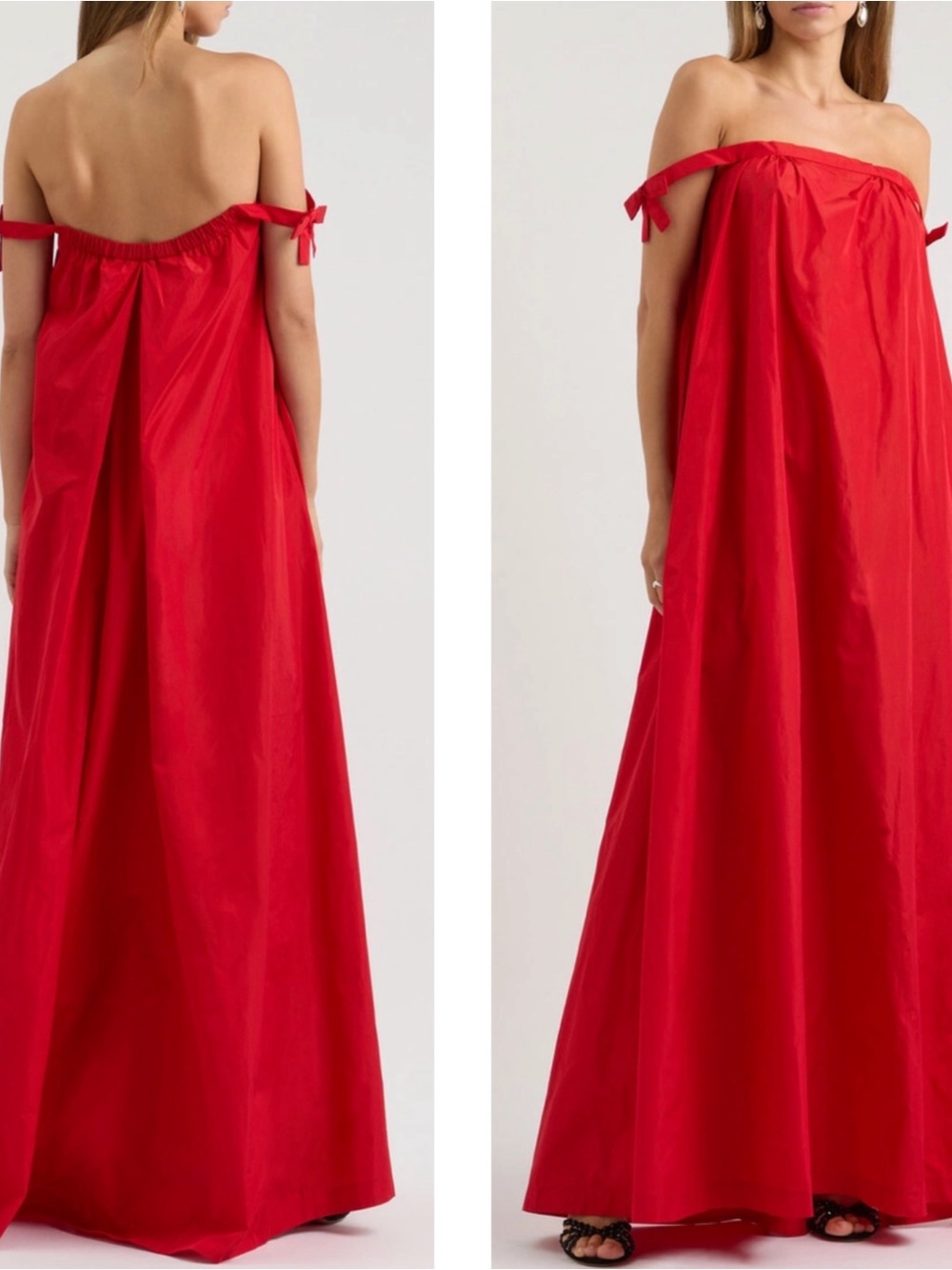 BERNADETTE Brigitte Off the Shoulder Bow Embellished Taffeta Red Maxi Dress Sz 4 - Picture 2 of 10